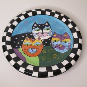 Cat/Kitty Plate Black and White Checkerboard Edge Hand Painted Bright Colors